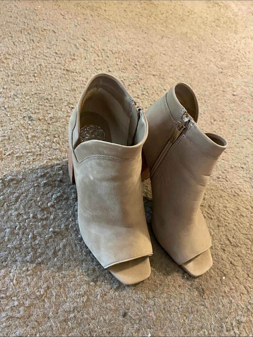 Vince Camuto Taupe Suede Open-Toe Ankle Booties